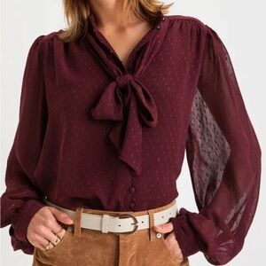 Lulu's Burgundy Button Down Blouse with Bow